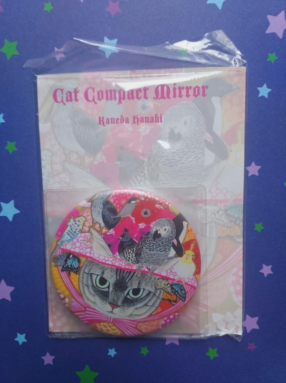 Cat Compact Mirror with Pink Bird Design
